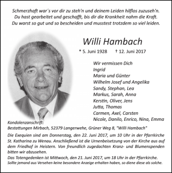 Traueranzeige von Willi Hambach von Super Sonntag / Super Mittwoch