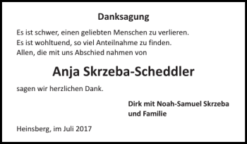 Traueranzeige von Anja Skrzeba-Scheddler von Super Sonntag / Super Mittwoch