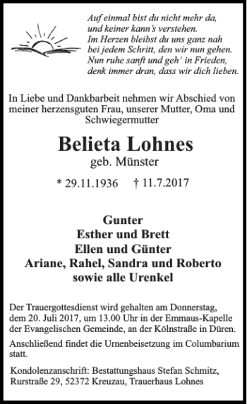 Traueranzeige von Belieta Lohnes von Super Sonntag / Super Mittwoch