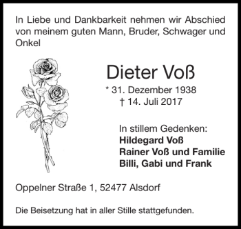 Traueranzeige von Dieter Voß von Super Sonntag / Super Mittwoch