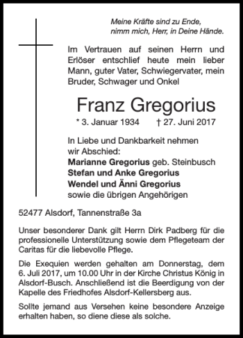 Traueranzeige von Franz Gregorius von Super Sonntag / Super Mittwoch