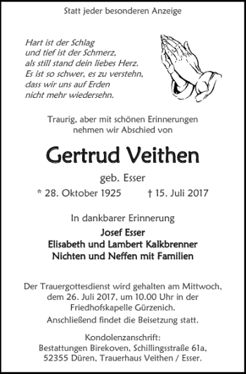 Traueranzeige von Gertru Gertrud Veithen d Veithen von Super Sonntag / Super Mittwoch