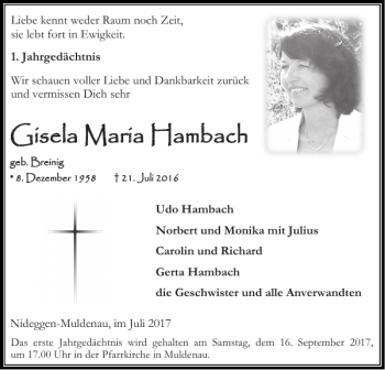 Traueranzeige von Gisela Maria Hambach von Super Sonntag / Super Mittwoch