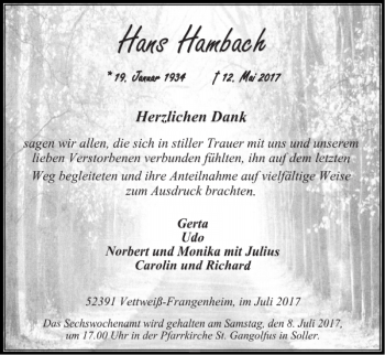 Traueranzeige von Hans Hambach von Super Sonntag / Super Mittwoch