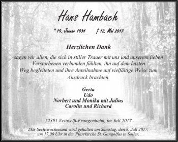 Traueranzeige von Hans Hambach von Aachener Zeitung / Aachener Nachrichten