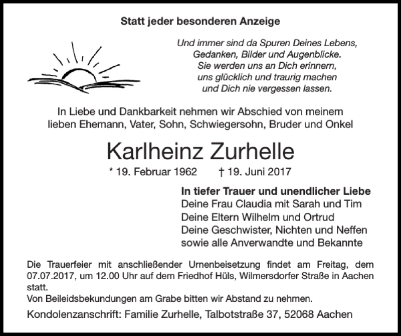  Traueranzeige für Karlheinz Zurhelle vom 02.07.2017 aus Super Sonntag / Super Mittwoch