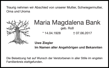 Traueranzeige von Maria Magdalena Bank von Super Sonntag / Super Mittwoch