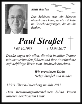 Traueranzeige von Paul Straßel von Super Sonntag / Super Mittwoch