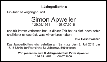 Traueranzeige von Simon Apweiler von Super Sonntag / Super Mittwoch