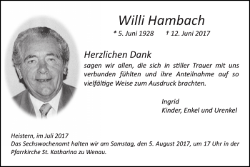 Traueranzeige von Willi Hambach von Super Sonntag / Super Mittwoch