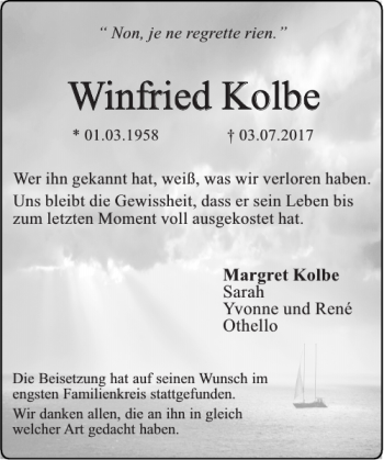 Traueranzeige von Winfried Kolbe Winfried Kolbe von Super Sonntag / Super Mittwoch