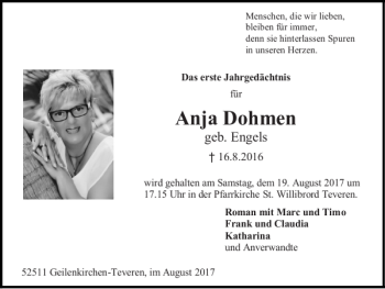 Traueranzeige von Anja Dohmen von Super Sonntag / Super Mittwoch