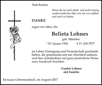 Traueranzeige von Belieta Lohnes von Super Sonntag / Super Mittwoch