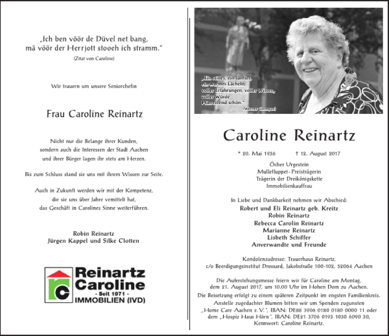  Traueranzeige für Caroline Reinartz vom 16.08.2017 aus Super Sonntag / Super Mittwoch