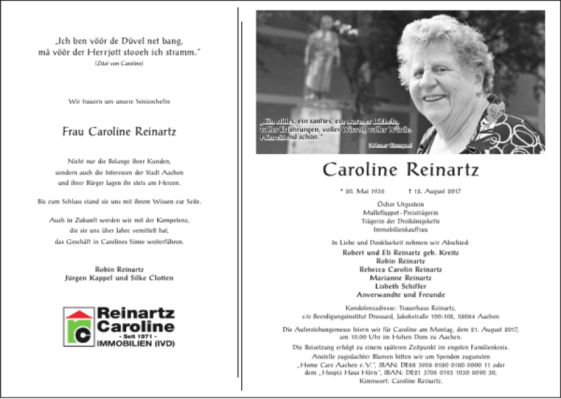  Traueranzeige für Caroline Reinartz vom 16.08.2017 aus Aachener Zeitung / Aachener Nachrichten