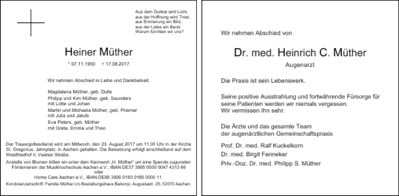  Traueranzeige für Dr. med. Heinrich C. Müther vom 19.08.2017 aus Aachener Zeitung / Aachener Nachrichten