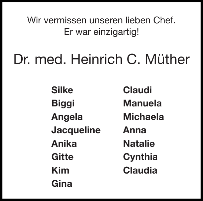 Traueranzeige für Dr. med. Heinrich C. Müther vom 19.08.2017 aus Aachener Zeitung / Aachener Nachrichten