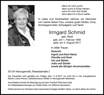 Traueranzeige von Irmgard Schmid von Super Sonntag / Super Mittwoch