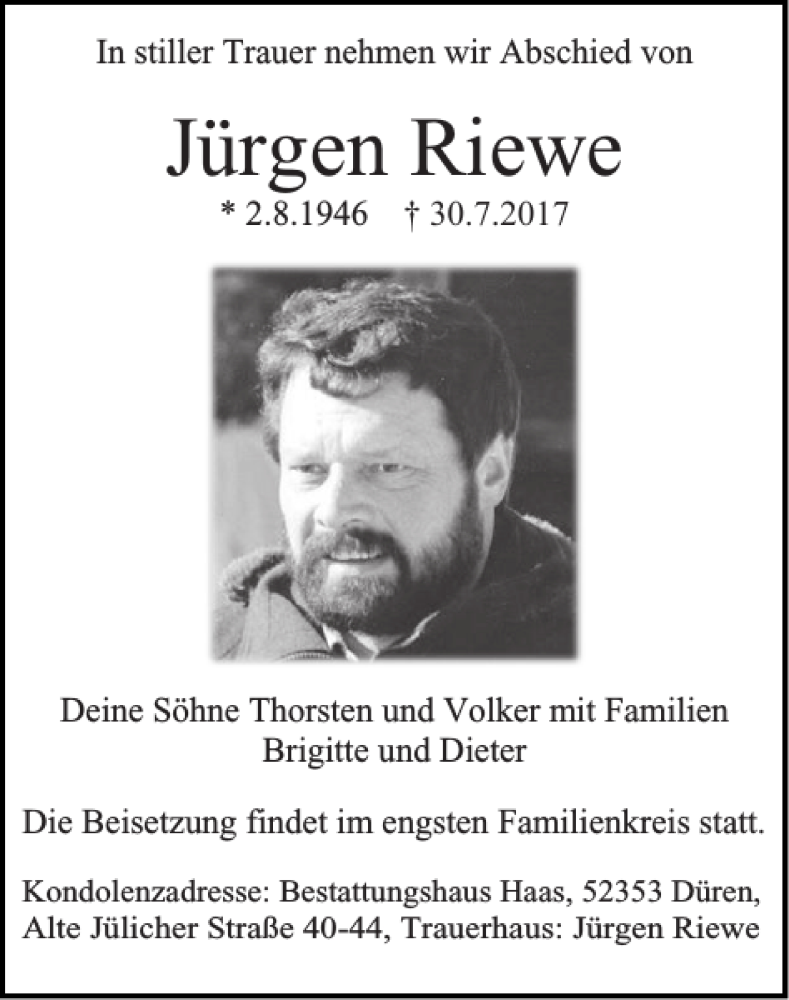Traueranzeigen von Jürgen Riewe | Aachen gedenkt