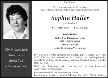 Traueranzeige von Sophia Haller von Aachener Zeitung / Aachener Nachrichten