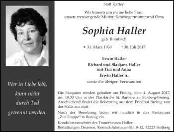 Traueranzeige von Sophia Haller von Super Sonntag / Super Mittwoch