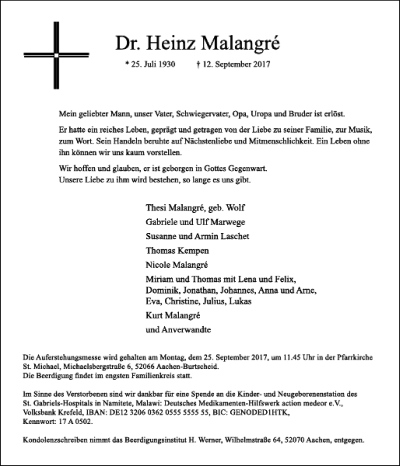  Traueranzeige für Dr. Heinz Malangré vom 16.09.2017 aus Aachener Zeitung / Aachener Nachrichten