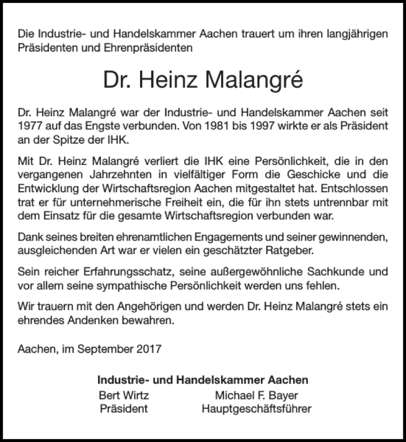  Traueranzeige für Dr. Heinz Malangré vom 16.09.2017 aus Aachener Zeitung / Aachener Nachrichten