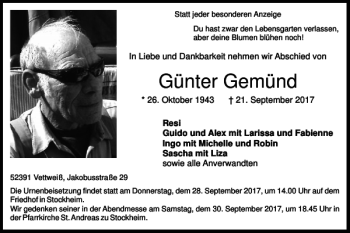 Traueranzeige von Günter Gemünd von Super Sonntag / Super Mittwoch