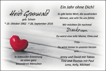 Traueranzeige von Heidi Grunwald von Super Sonntag / Super Mittwoch