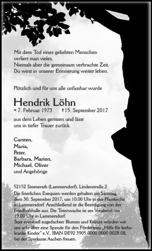  Traueranzeige für Hendrik Löhn vom 23.09.2017 aus Aachener Zeitung / Aachener Nachrichten