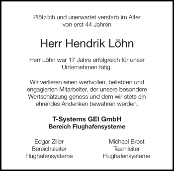 Traueranzeige von Hendrik Löhn von Aachener Zeitung / Aachener Nachrichten