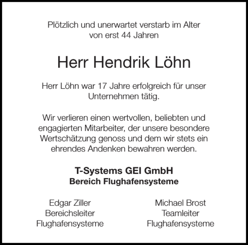  Traueranzeige für Hendrik Löhn vom 23.09.2017 aus Aachener Zeitung / Aachener Nachrichten