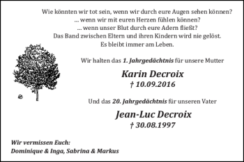 Traueranzeige von Karin Decroix Jean-Luc Decroix von Super Sonntag / Super Mittwoch
