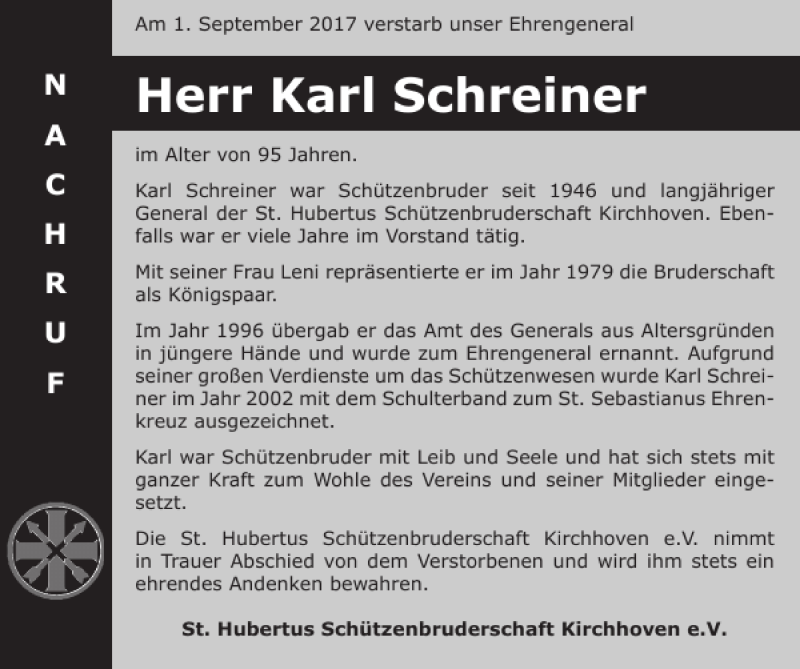 Traueranzeigen von Karl Schreiner Aachen gedenkt