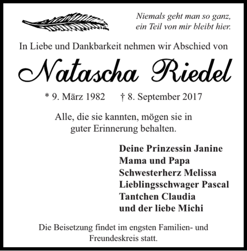  Traueranzeige für Natascha Riedel vom 17.09.2017 aus Super Sonntag / Super Mittwoch
