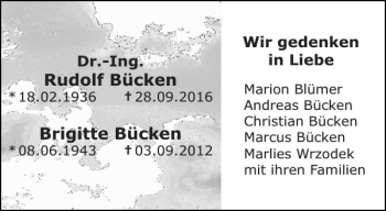Traueranzeige von Rudolf Bücken Brigitte Bücken von Aachener Zeitung / Aachener Nachrichten