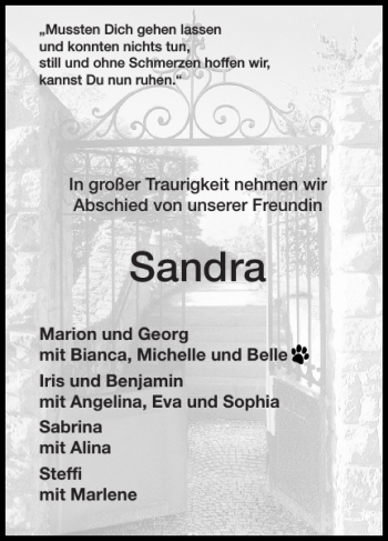 Traueranzeige von Sandra  von Super Sonntag / Super Mittwoch