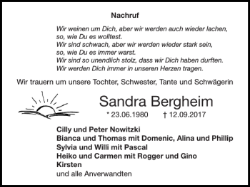 Traueranzeige von Sandra Bergheim von Super Sonntag / Super Mittwoch