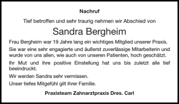 Traueranzeige von Sandra Bergheim von Super Sonntag / Super Mittwoch