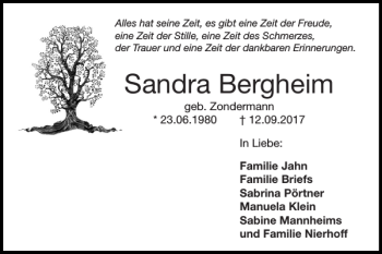 Traueranzeige von Sandra Bergheim von Super Sonntag / Super Mittwoch