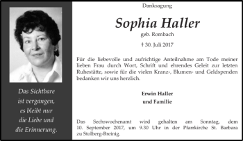 Traueranzeige von Sophia Haller von Aachener Zeitung / Aachener Nachrichten