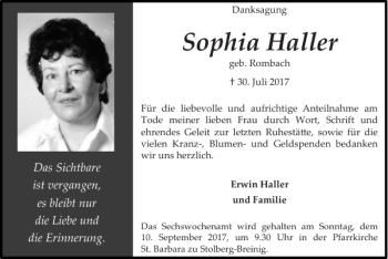 Traueranzeige von Sophia Haller von Super Sonntag / Super Mittwoch
