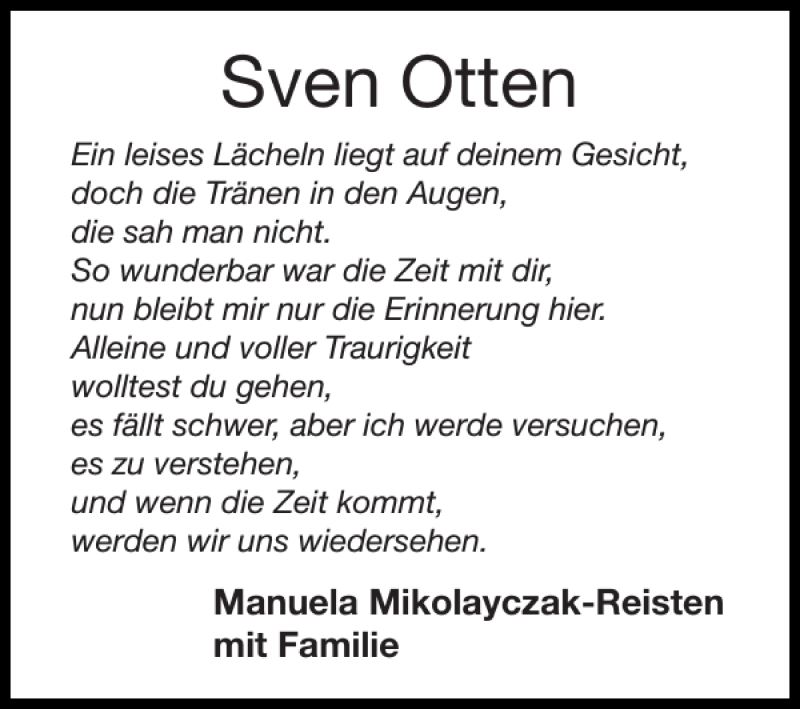  Traueranzeige für Sven Otten vom 03.09.2017 aus Super Sonntag / Super Mittwoch