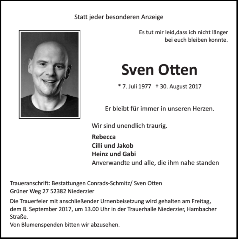  Traueranzeige für Sven Otten vom 03.09.2017 aus Super Sonntag / Super Mittwoch