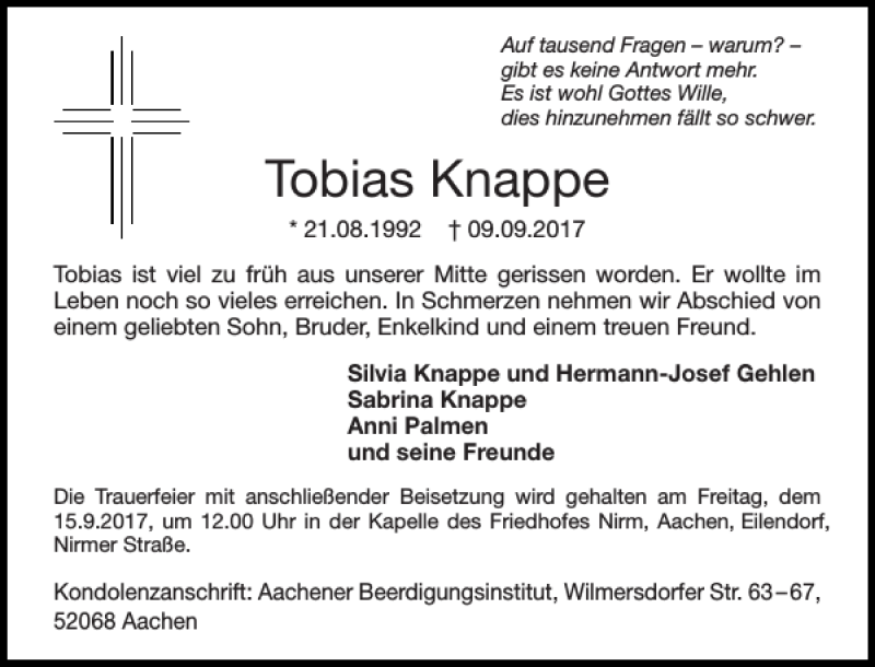 Traueranzeige für Tobias Knappe vom 13.09.2017 aus Super Sonntag / Super Mittwoch