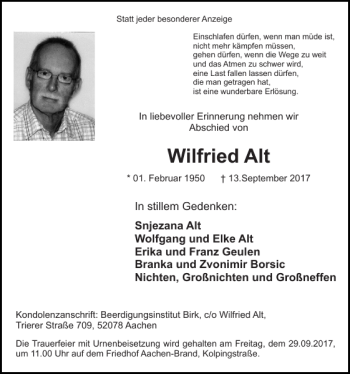 Traueranzeige von Wilfried Alt von Super Sonntag / Super Mittwoch