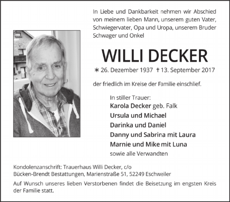 Traueranzeigen von Willi Decker | Aachen gedenkt