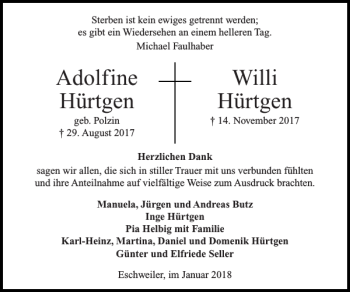 Traueranzeige von Adolfine Willi Hürtgen Hürtgen von Super Sonntag / Super Mittwoch