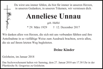 Traueranzeige von Anneliese Unnau von Super Sonntag / Super Mittwoch