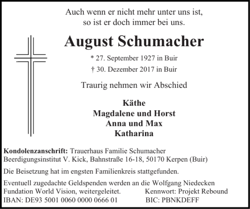 Traueranzeigen von August Schumacher | Aachen gedenkt